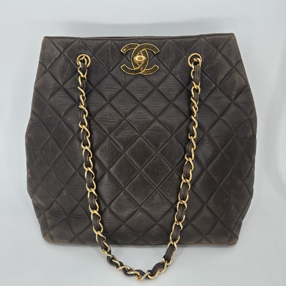 Chanel Vintage Brown Lambskin Quilted Oversized CC Chain Tote 24K Gold 1990s Y2K